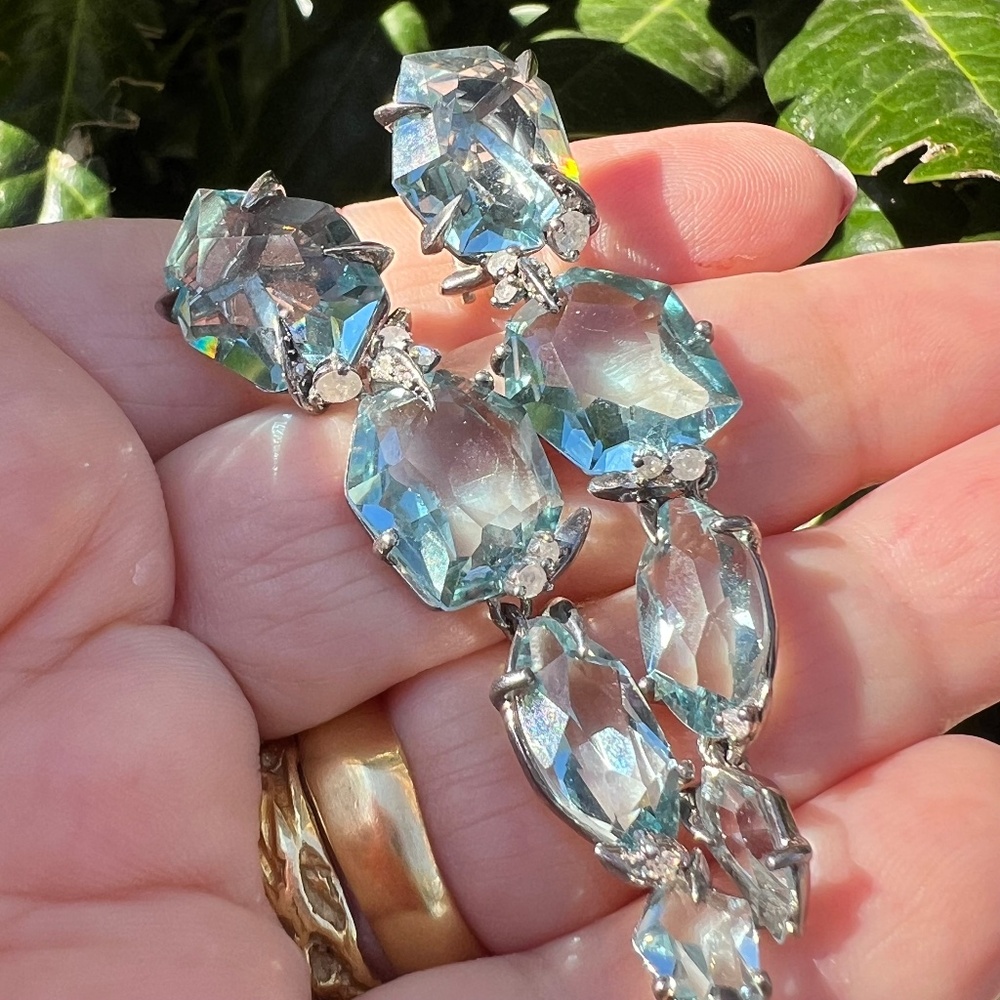 ALEXIS BITTAR FINE BLUE QUARTZ GRAY DIAMONDS LONG DROP DANGLE EARRINGS STATEMENT - Picture 3 of 16